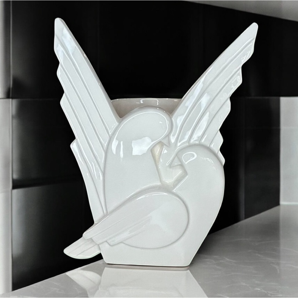 Very Rare Fitz & Floyd All White Pottery Birds Vase